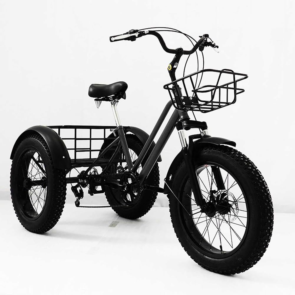 MegLob 20'' Adult Tricycles 7 Speed, Three-Wheeled Rickshaw Bicycles, Three Wheel Beach Cruiser Tricycle, Three-Wheeled Bicycles Cruise Trike with Shopping Basket for Seniors,Black