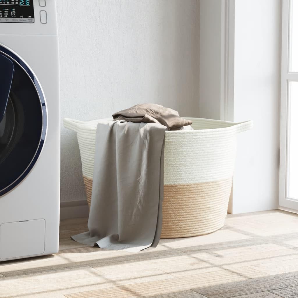 Cesto para la colada beige y blanco de algodón y poliéster, diámetro de 60 x 36 cm, con asas, plegable, ahorra espacio, para dormitorio, baño y lavandería para clasificar y guardar la ropa