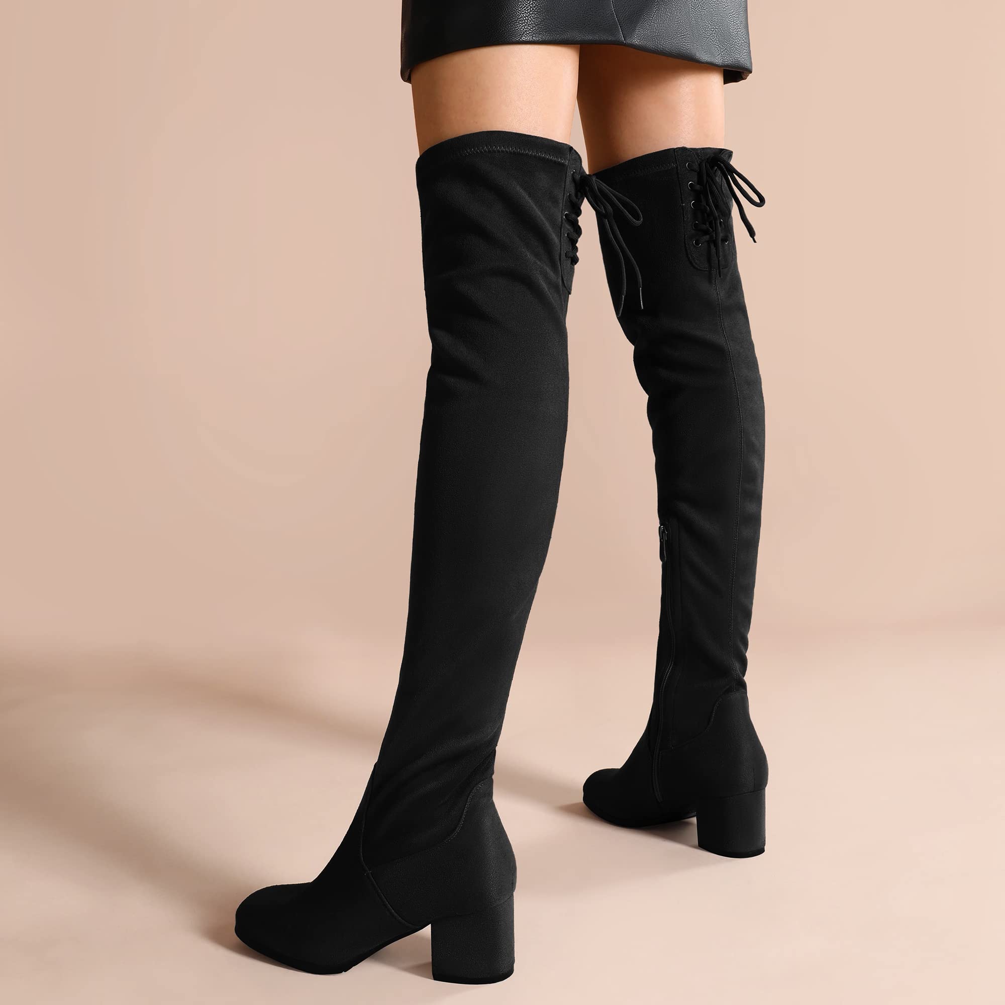 DREAM PAIRS Botas de Caña Extra Larga de Gamuza Botas Sexy Arriba de la Rodilla con Cordones Mujer Cálidas Mosqueteras con Tacón Ancho de 5cm Laurence-E