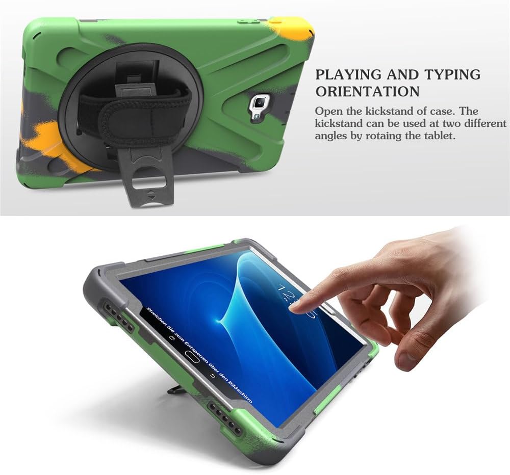 for Samsung Galaxy Tab A 10.1 SM-T580 T585 Case 10.1 inch Tablet Case 3 in 1 Hard Plastic Frame + Double Silicone [Hand Strap & Shoulder Strapp] - F
