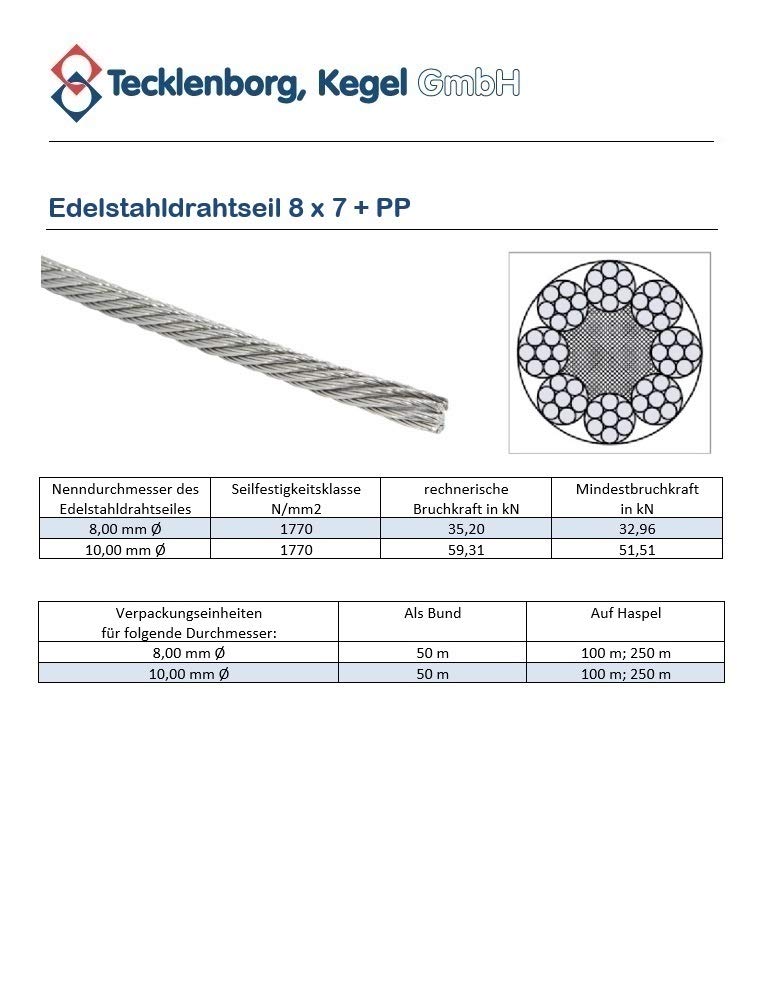 Edelstahlseil, 50m, 10mm Ø, 8x7 PP, Entmistungsseil, mittelweich | mit Polypropyleneinlage, mittlere Dehnung, Drahtseil, Entmistungsseil für die Stalleinrichtung - Tecklenborg, Kegel GmbH