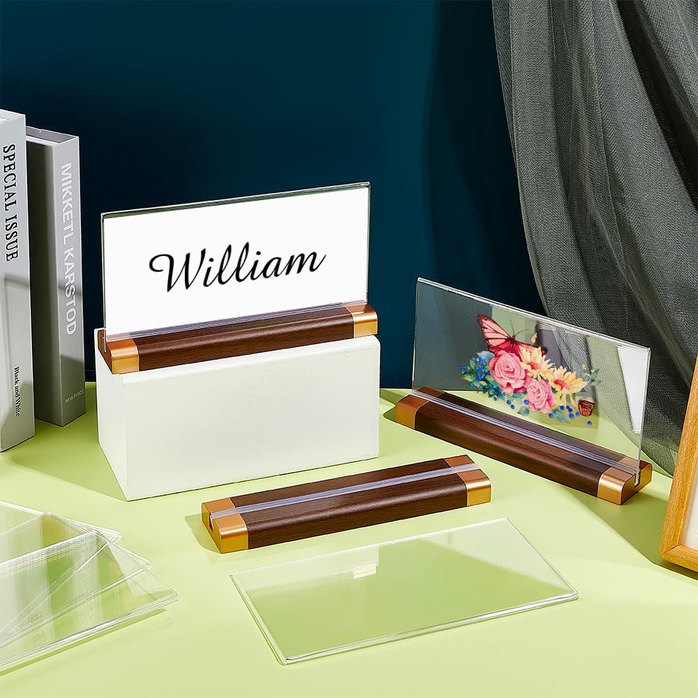 BENECREAT 5 juegos de soportes para placa de escritorio con base de madera de nogal, soporte acrílico transparente para tarjetas de lugar, restaurante, oficina, 21 x 11 cm