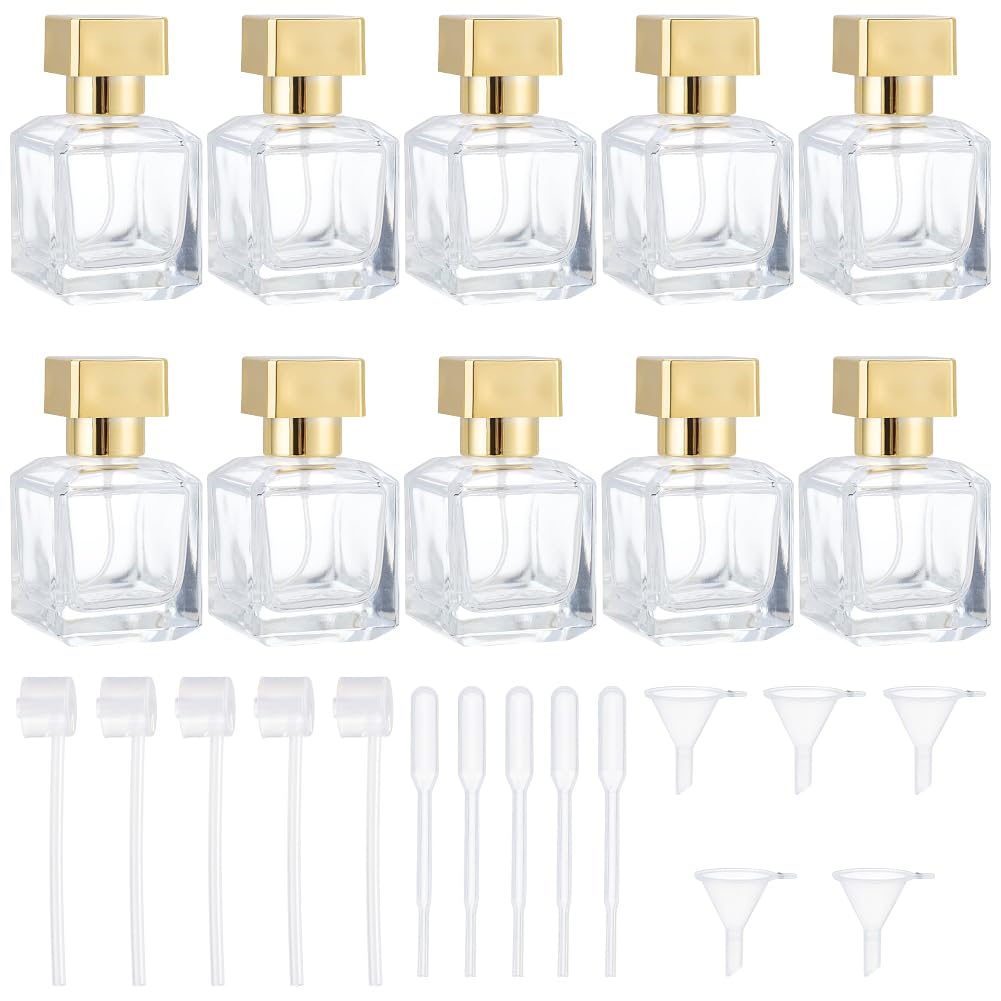WEBEEDY Confezione da 10 flaconi spray in vetro da 50 ml, ricaricabili per profumo, da viaggio, con 15 pezzi, 3 tipi di dispenser oro trasparente, vuoto, per viaggi all'aperto, Natale