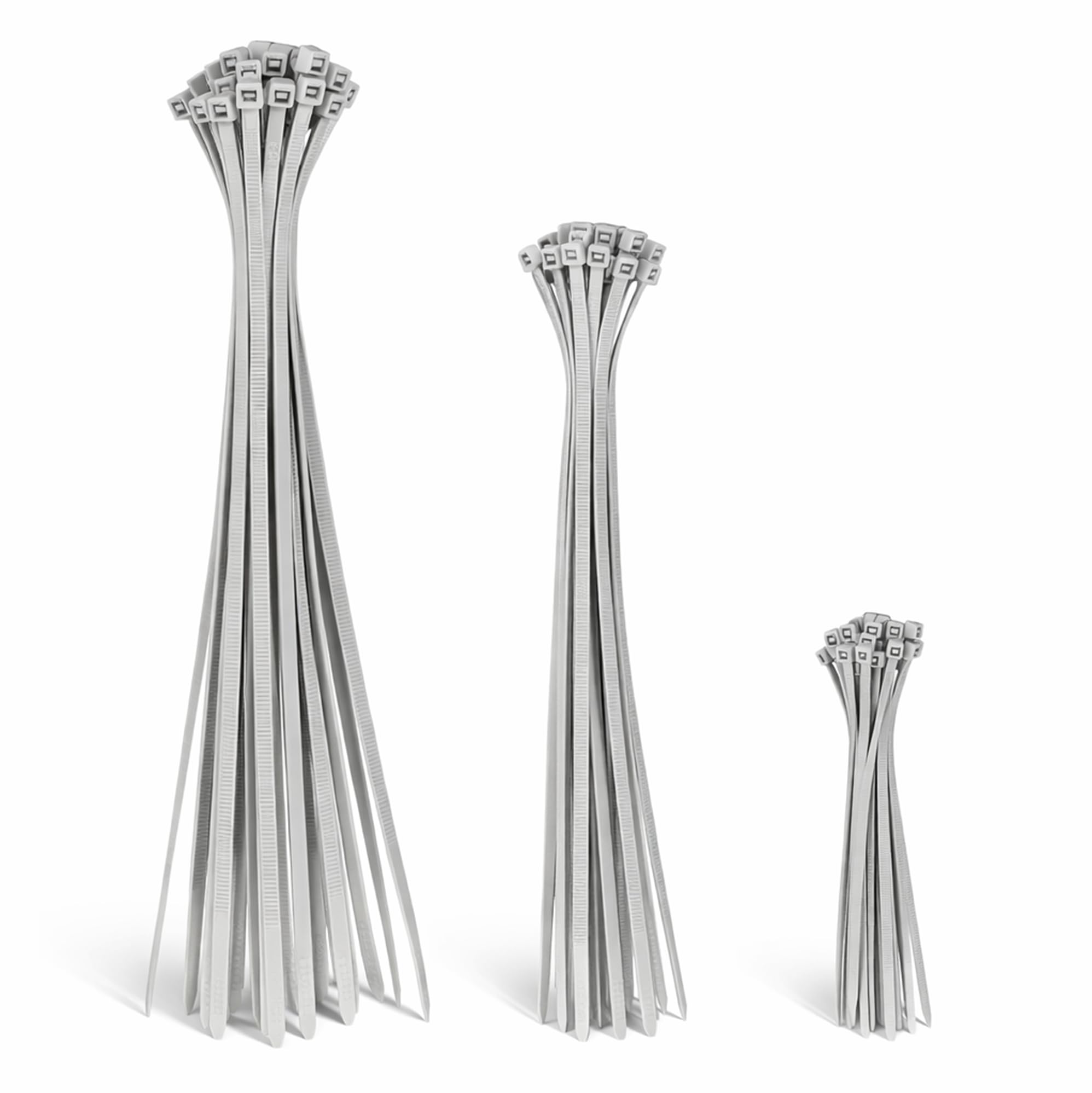 100pc Silver Plastic Cable Ties, 3 Different Sized Tie Wraps, Durable Strong Plastic Material Ensuring Longevity, Self Locking Zip Ties Ideal for Home, Office, Garden and DIY (Silver)