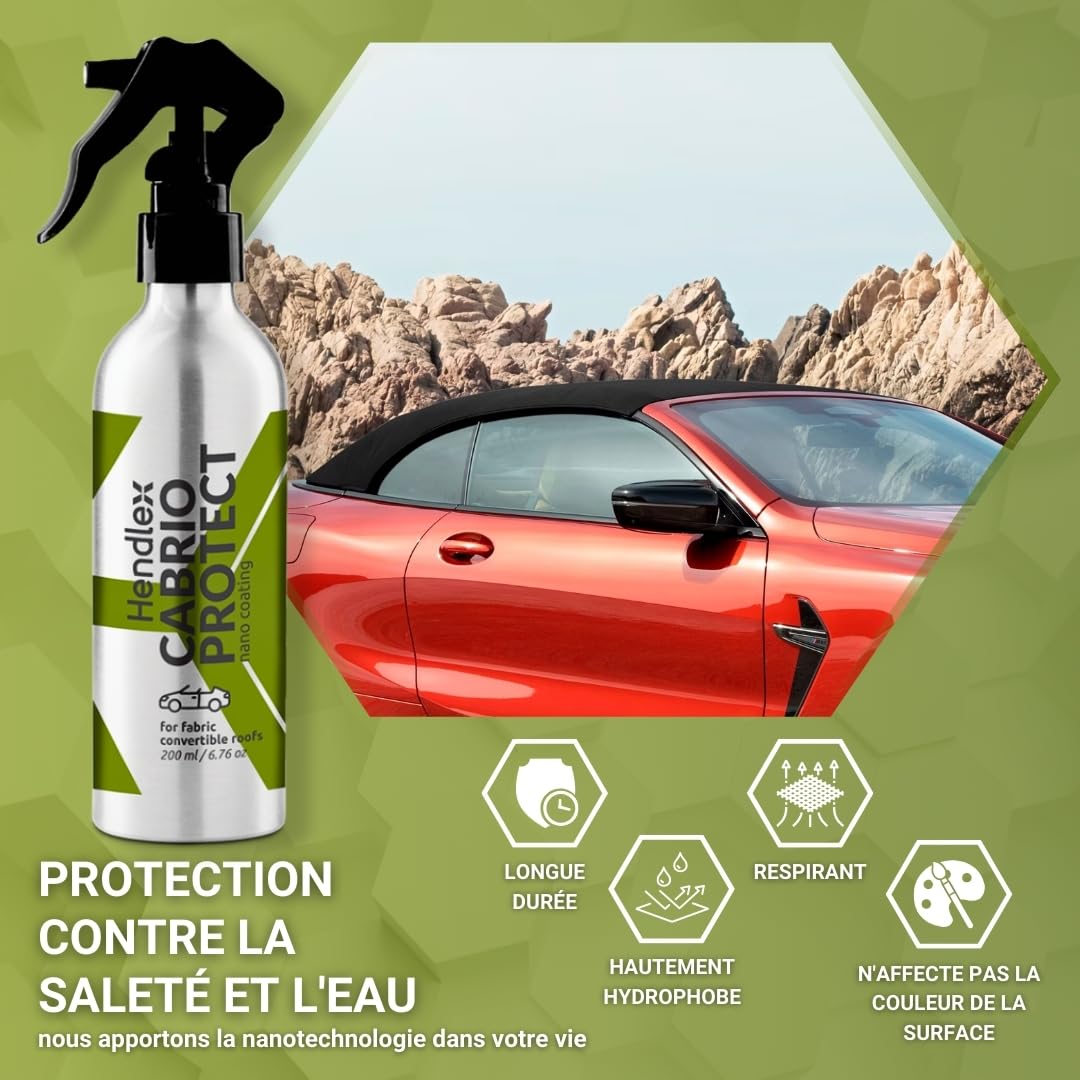 Hendlex Cabrio Protect Imperméabilisant Capote Cabriolet 200 ml | Protection hydrophobe pour capotes de cabriolet, tissu et toile, repousse eau et saleté, finition invisible, 200 ml