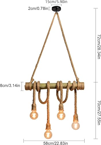Miniatura 7 de Arturesthome 3 luces vintage de bambú candelabros de cuerda de cáñamo, lámpara colgante industrial rústica única para dormitorio, restaurante,