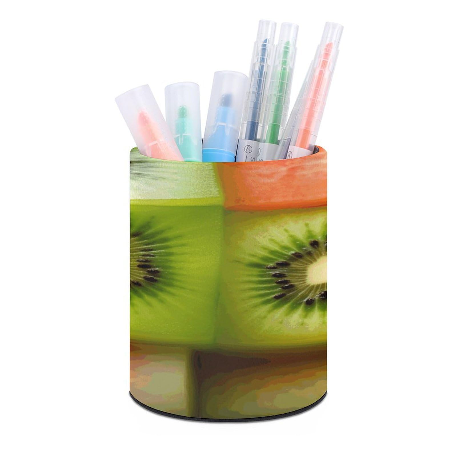JTREHY Kiwi Watermelon Pen Holder Round Pen Pencil Holder Makeup Brush Holders Cup PU Leather Pencil Cups Desktop Caddy Stationery Organizer Case Office Accessories Container Box