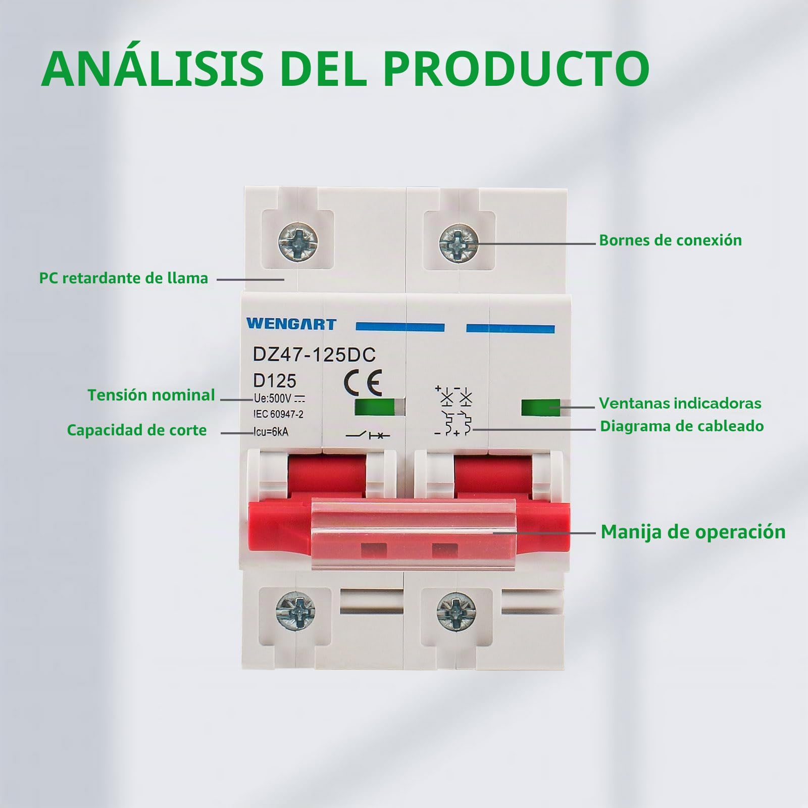 Wengart Disyuntor de CC 125A 2P 500V, Interruptor Automático Magnetotérmico para Paneles Solares y Protección de Baterías de Litio, Protección Fotovoltaica para Carril DIN, Serie DZ47-125DC