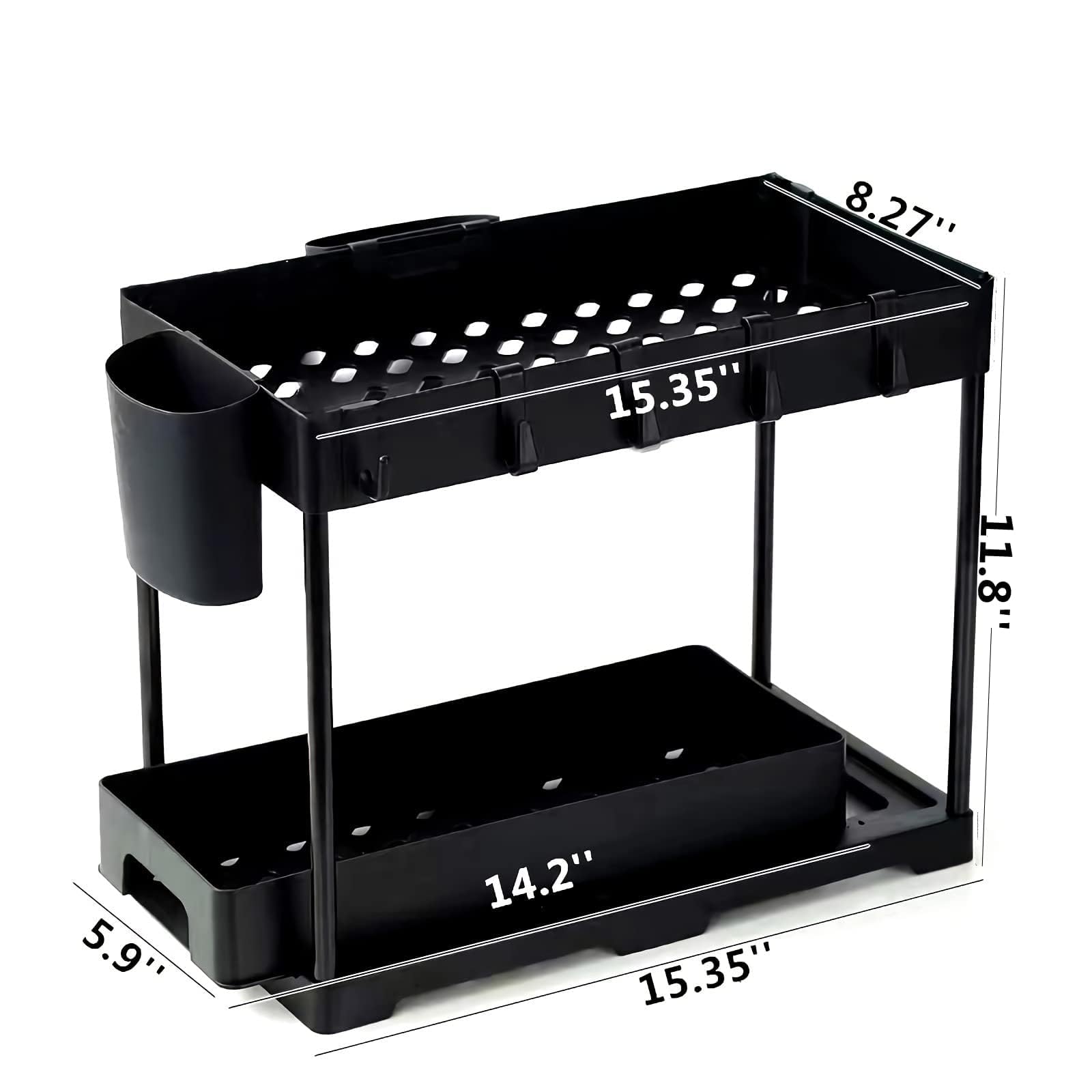 Keukenkast organizer 2 stuks, 2 niveaus onder de wastafel rek met 8 haken en 4 kopjes