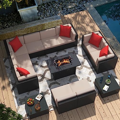 Image of Greesum Patio Furniture Sets 13-Pieces Outdoor PE Rattan Sectional Sofa w /43in Gas Fire Pit Table 55000 BTU Add Warmth to Gatherings Parties On Deck Garden Backyard,Light Beige