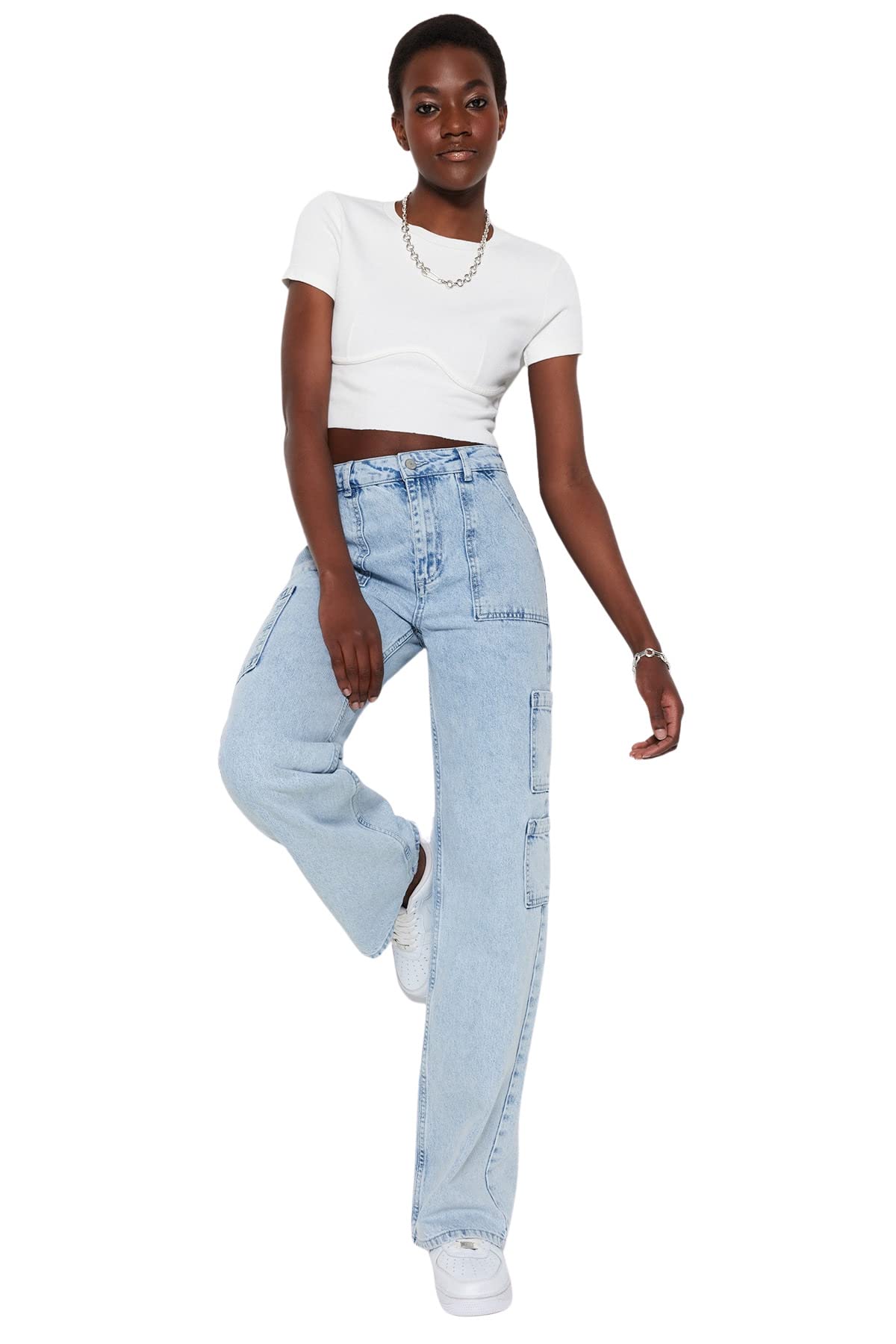 Trendyol Women Normal Waist Wide Leg Wide Leg Jeans,Light Blue,32