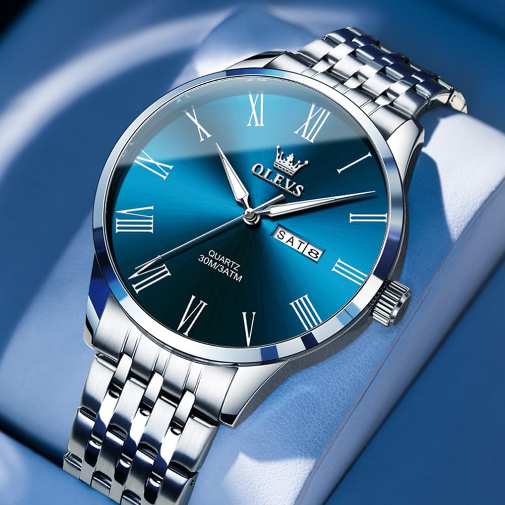 OLEVS Uhr Herren, Silber Analoger Quarz Edelstahl Wasserdicht Herrenuhren, Klassisches Großgesicht Herren Kleid Uhr, Minimalismus Leuchtend Tag Datum Herrenuhren