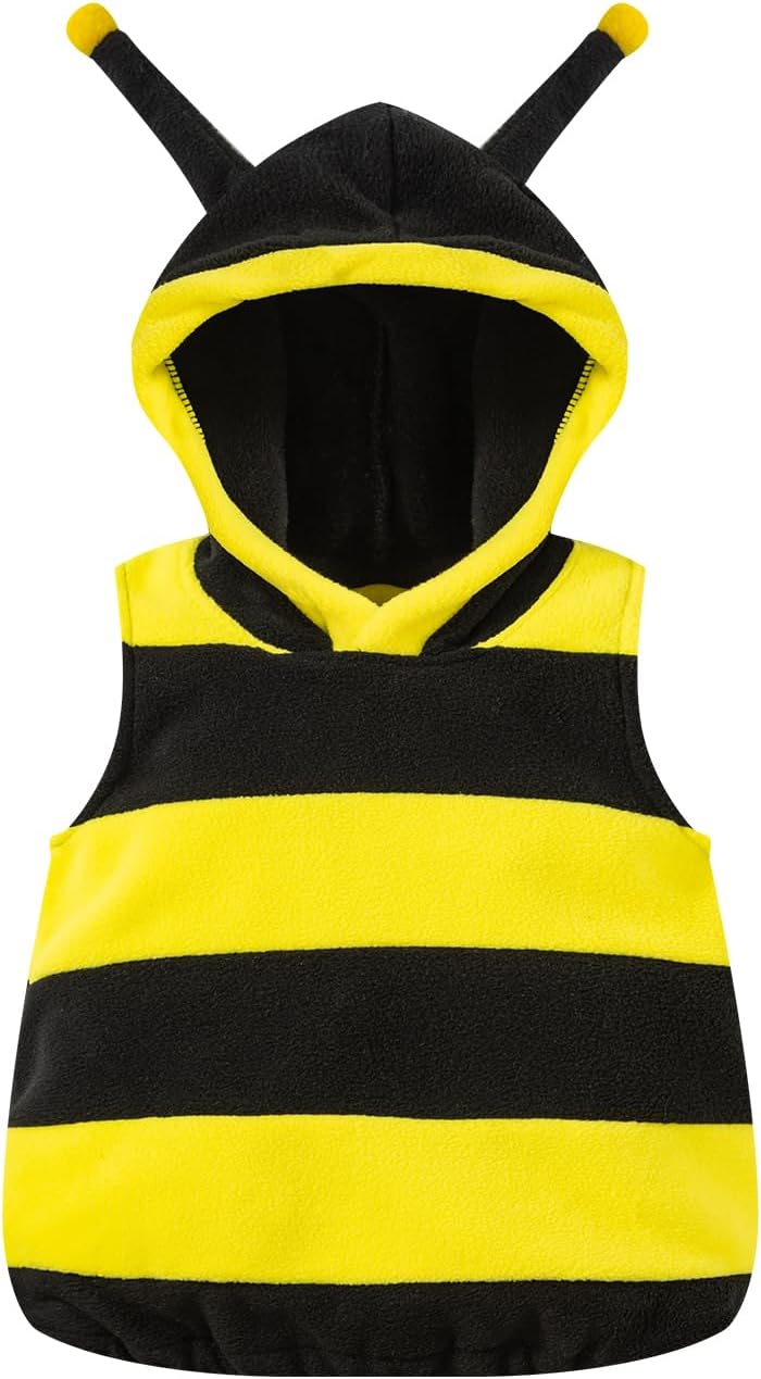 Baby Bumble Bee Costume, Black and Yellow Striped Hooded Vest with Socks, Infant Halloween Outfit, Sleeveless