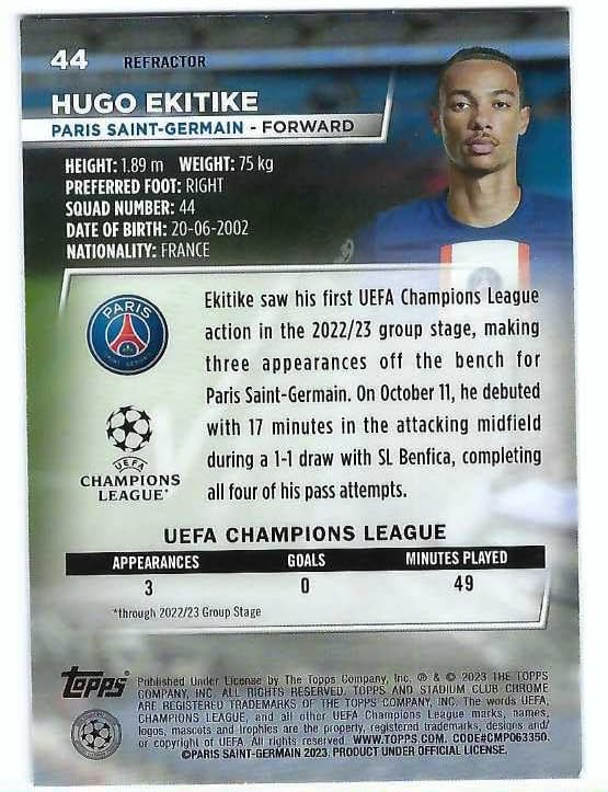 HUGO EKITIKE 2022-23 Topps Stadium Club Chrome UEFA #44 REFRACTOR PARALLEL Soccer Rookie Card RC Liverpool FC France