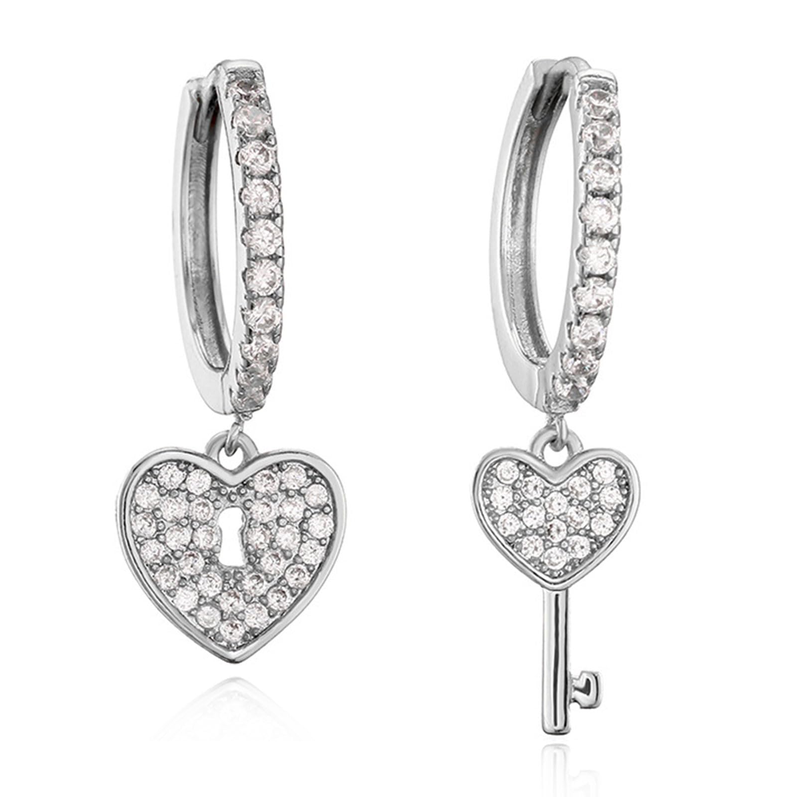 925 Sterling Silber Creolen Ohrringe mit Anhänger, Asymmetrische Herz Schloss Funkelnde CZ Tropfen Ohrringe für Damen, Hypoallergen Kleine Schlafen Knorpel Ohrringe Schmuck Geschenk (Silber Herz)