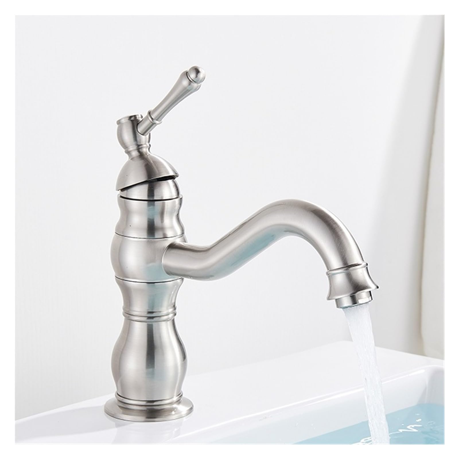 Rubinetto da appoggio in ottone rame antico montato su rubinetto miscelatore caldo e freddo a colonna d'acqua a forma di gru stile corto(Nickel)