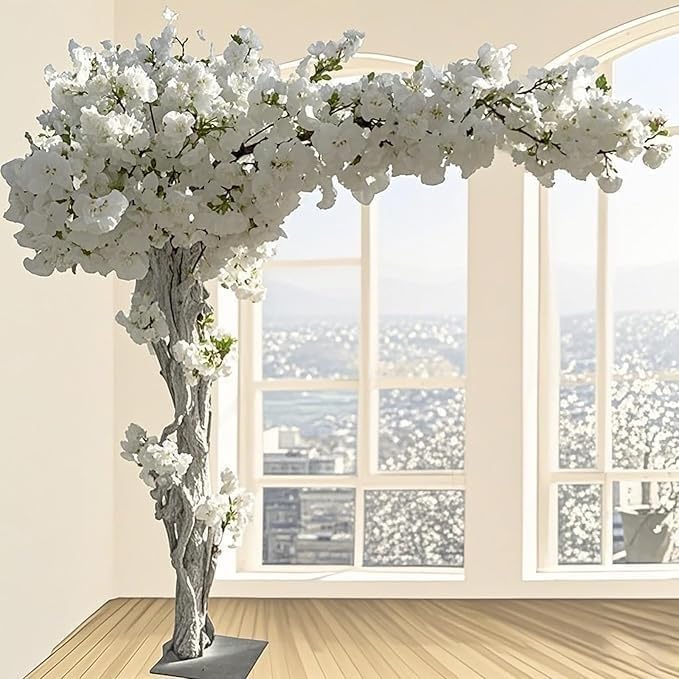Árbol Flores de Cerezo Artificial, Árbol de Flor de Cerezo Japonés Artificial, con Tronco de Madera Natural y Flores Realistas para Oficina, Fiesta, Blanco,1x0.6m/3.2x1.9ft