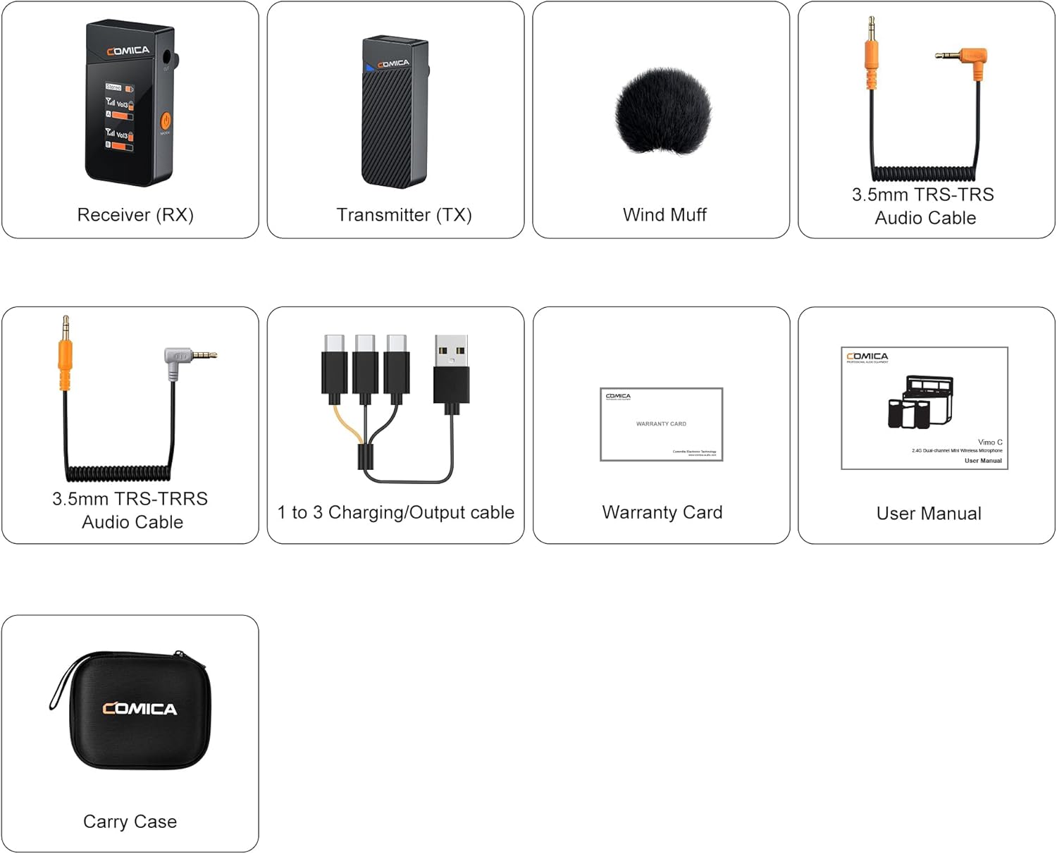 COMICA Vimo C1 wireless microphone system shown next to a camera, laptop, and smartphone, illustrating its wide compatibility.