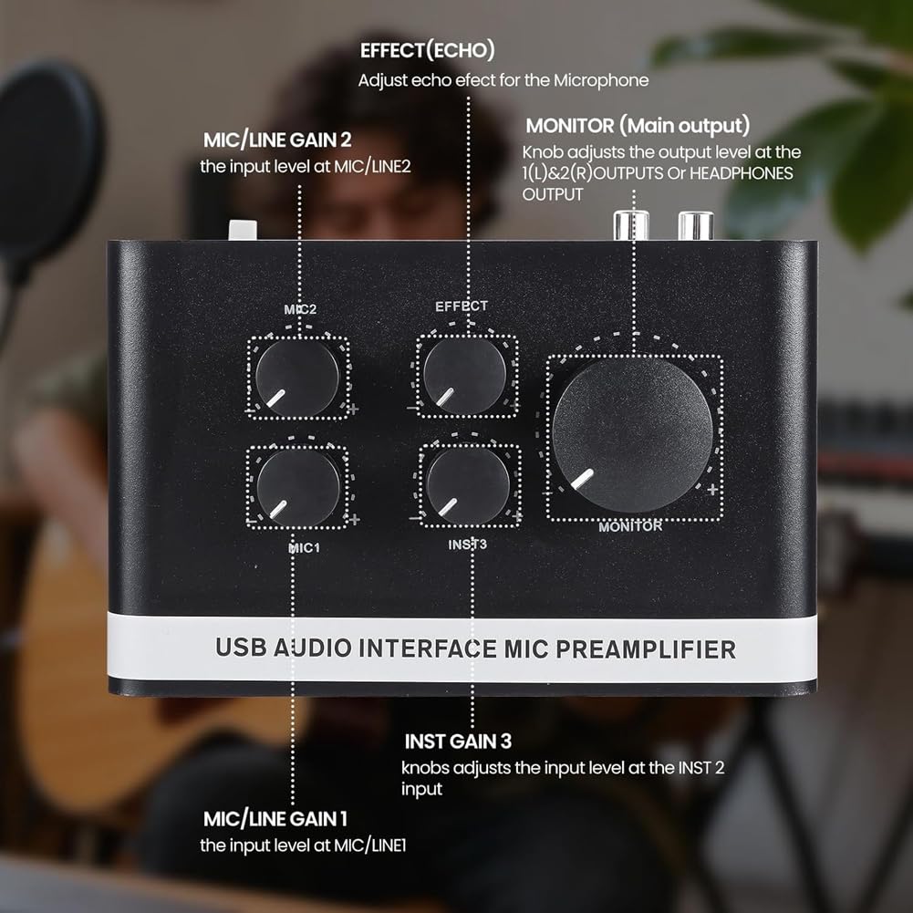 Interfejs audio USB przedwzmacniacz mikrofonowy przedwzmacniacz mikrofonowy zasilanie fantomowe do nagrywania, transmisji na żywo, podcastów do domowego studia