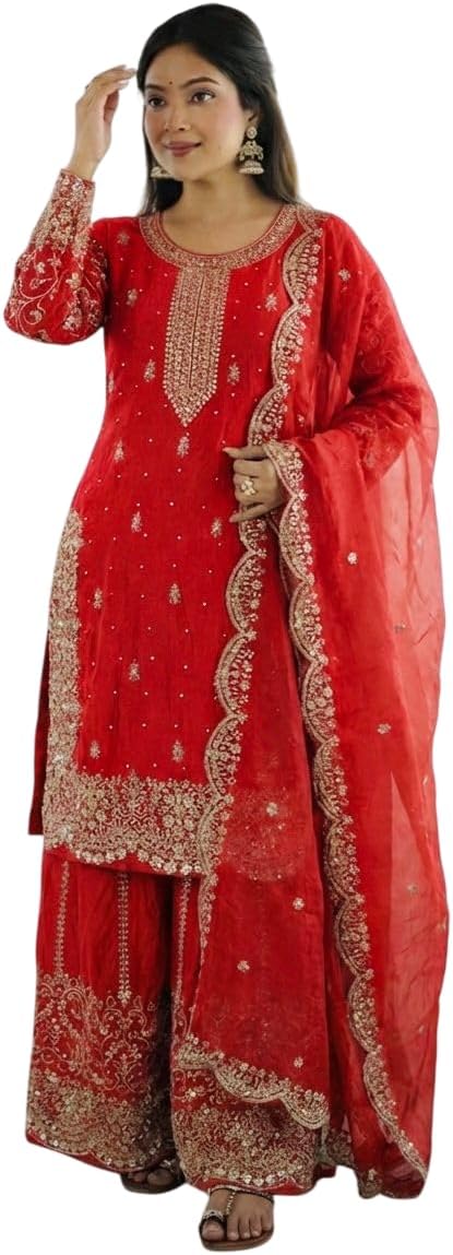Fandy Silk New Punjabi Style Sharara Suit For Women Ready To Wear Salwar Kameez With heavy Dupatta