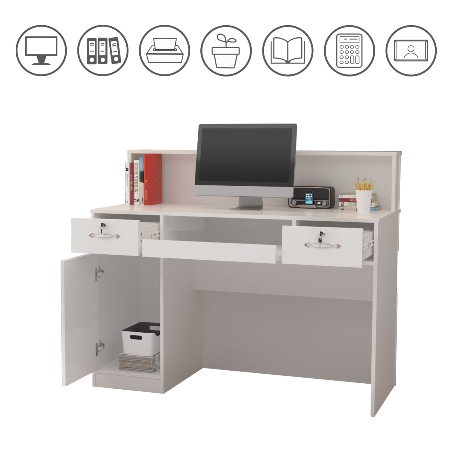 Caldion Comptoir de réception avec tiroir verrouillable Comptoir d'accueil avec Lumière à LED Bureau de d'accueil avec Rangement Table de réception pour Klinik Salon Lobby Magasin Blanc 120x50x100cm