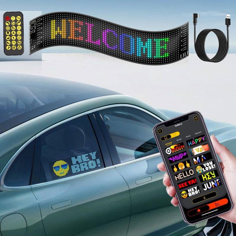 Image of LED Matrix Pixel Sign with Bluetooth App Control - 10x35 cm DIY Programmable Flexible LED Display for Car, Shop, Hotel, Bar & Business Scrolling Text, Emoji & Animation Panel USB Powered