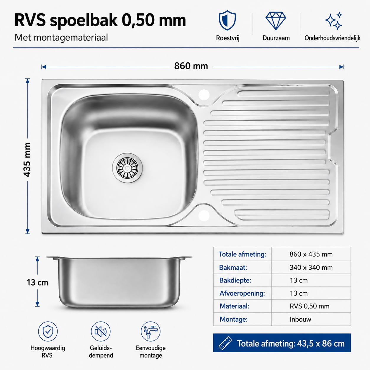 Evier Inox 1 Bac en acier inoxydable 86 x 43,5 cm – Évier encastrable – Avec siphon, trou de robinet et égouttoir