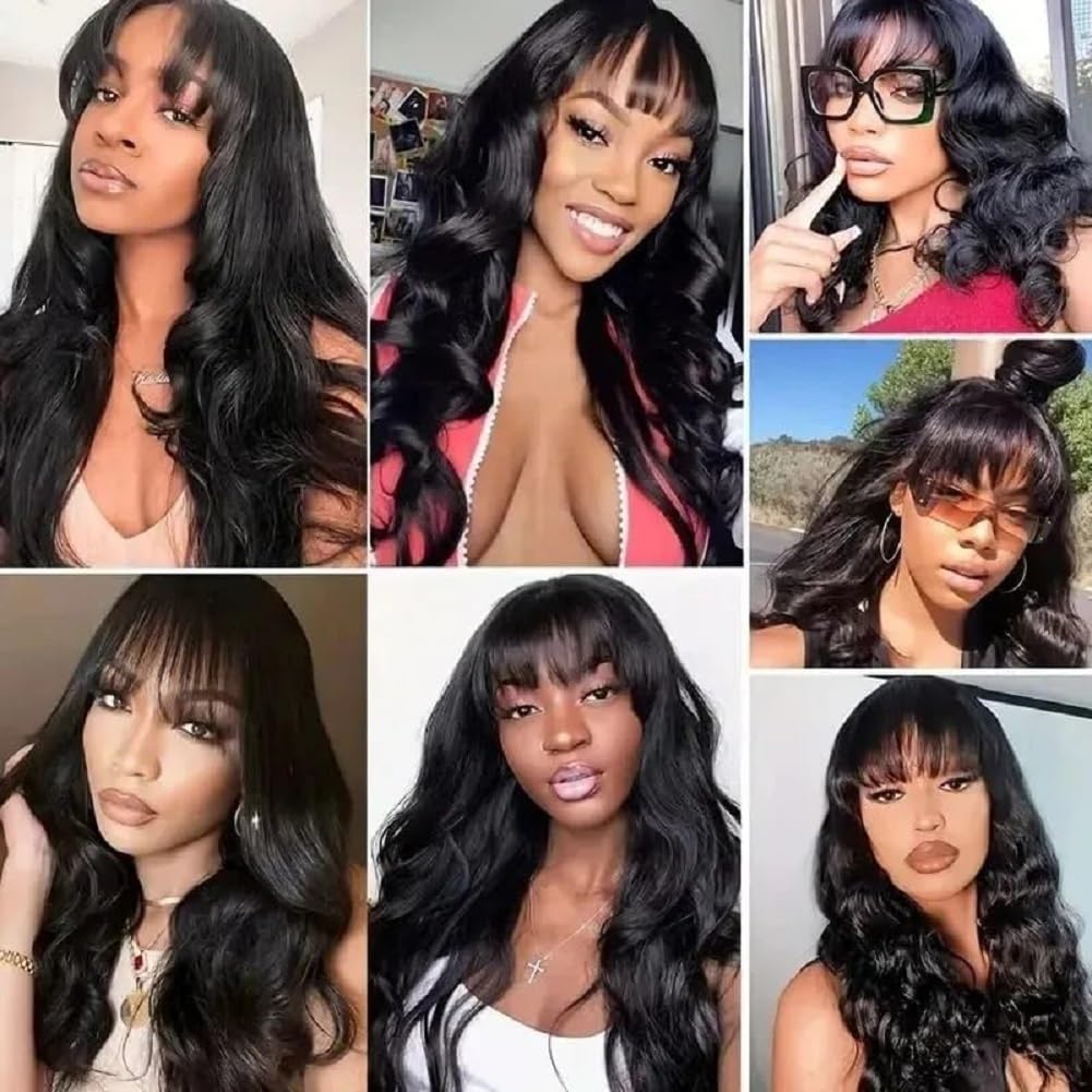 Pelucas Mujer Pelo Natural Humano 20 Pulgadas(50cm) Peluca Body Wave de Cabello Humano con Flequillo Frontal sin Encaje y sin Pegamento Densidad 180% Negro Natural para Mujer