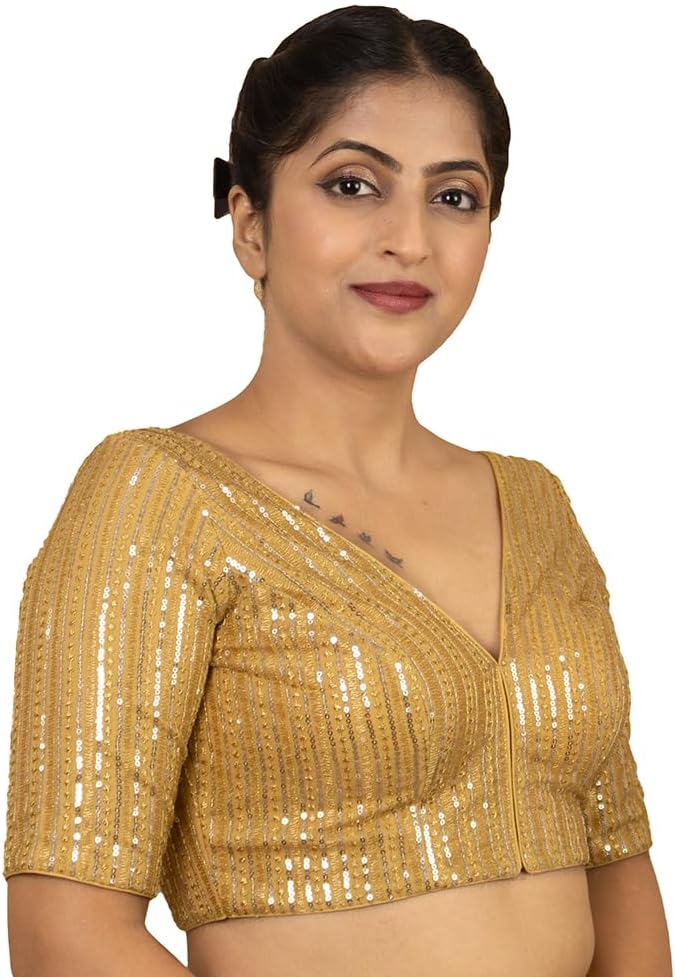 FIGURE'S DESIGNERWomen's Sequin V Neck Elbow Half Sleeve Readymade Saree Blouse E1
