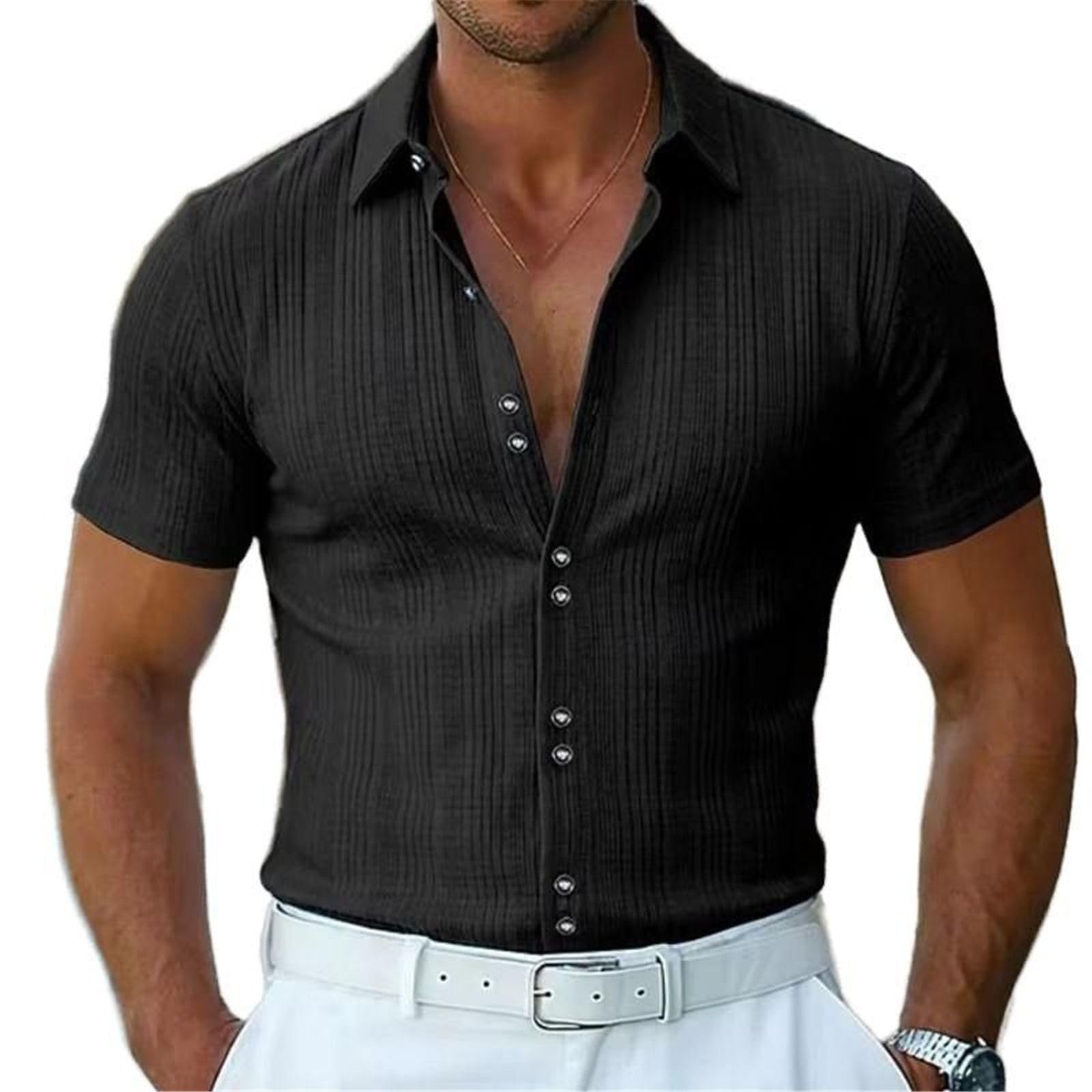 Chemise Homme tissée texturée, Respirante Boutonnage Manches Courtes Plage