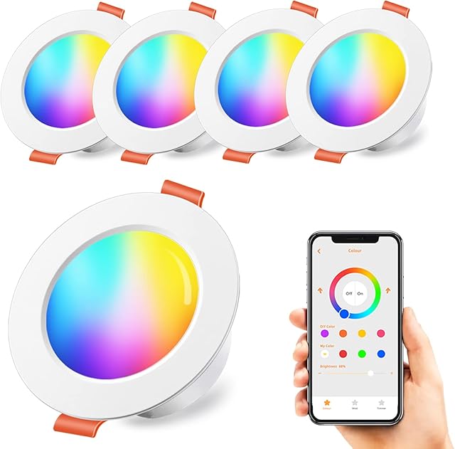 iLC LED Recessed Ceiling Lights, 3 inch, Colour Changing, Smart Round Downlights with APP Control, 800LM, Warm White + RGB Multicolour for Cabinet, Kitchen, Living Room, Bedroom (4 Pack)