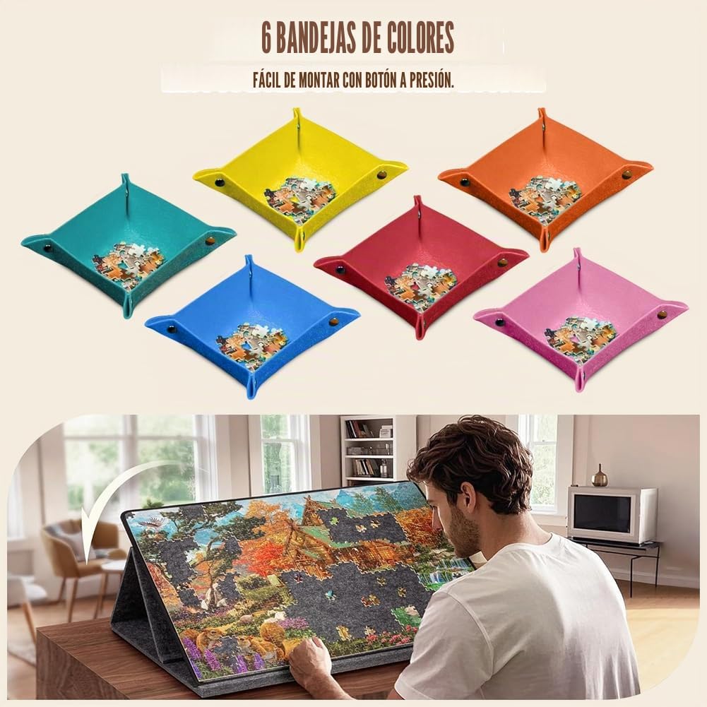 Tablero Puzzle para 1000 Piezas, Tablero de Rompecabezas | Puzzle Board con 6 Bandejas y 2 en 1 Soporte, Tapete de Fieltro Ligero Portátil Mesa Puzzles, Plegable Antideslizante