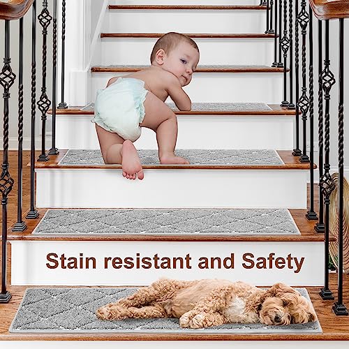 Beqhause Stair Treads For Wooden Steps Non-Slip Stair Rugs Machine Washable Stair Carpet Treads 28Inx9In Grey Stair Runner For Elders,Kids And Dogs Polyester Soft Stair Mats,4Pcs #TOP6