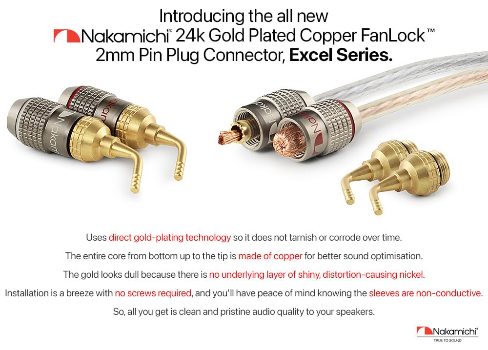 Nakamichi FanLock Excel placcato oro 24 carati 2mm Pin Spine a banana connettore, 10 AWG - 18 AWG spessore 4mm, per cavo amplificatori di altoparlanti, Hi-Fi Connessione rapida, 4 pezzi (2 paia)