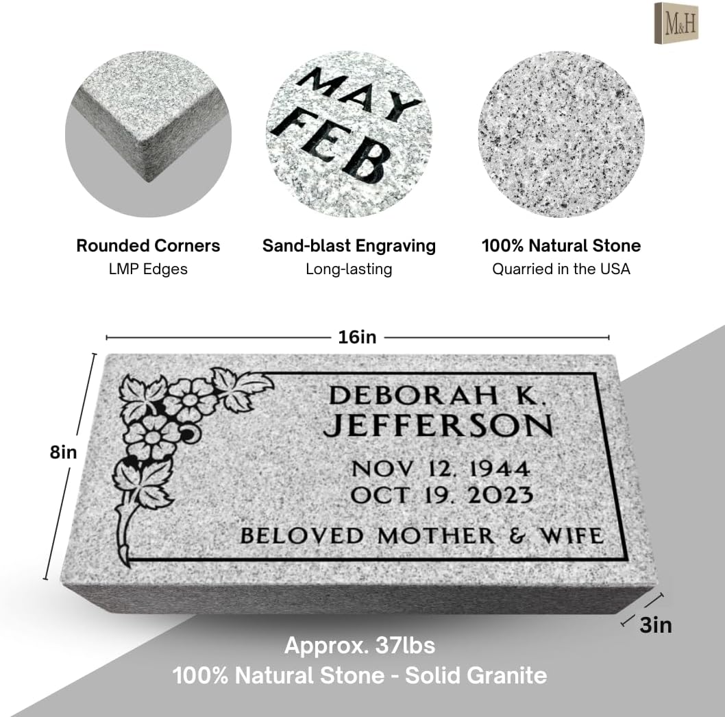 M&H Products Flat Headstone Grave Marker - 16 x 8 x 3- Gray Granite Headstone for Grave, Cemetery or Garden - Solid Natural Stone, Tombstone, Grave Stone with Engraving
