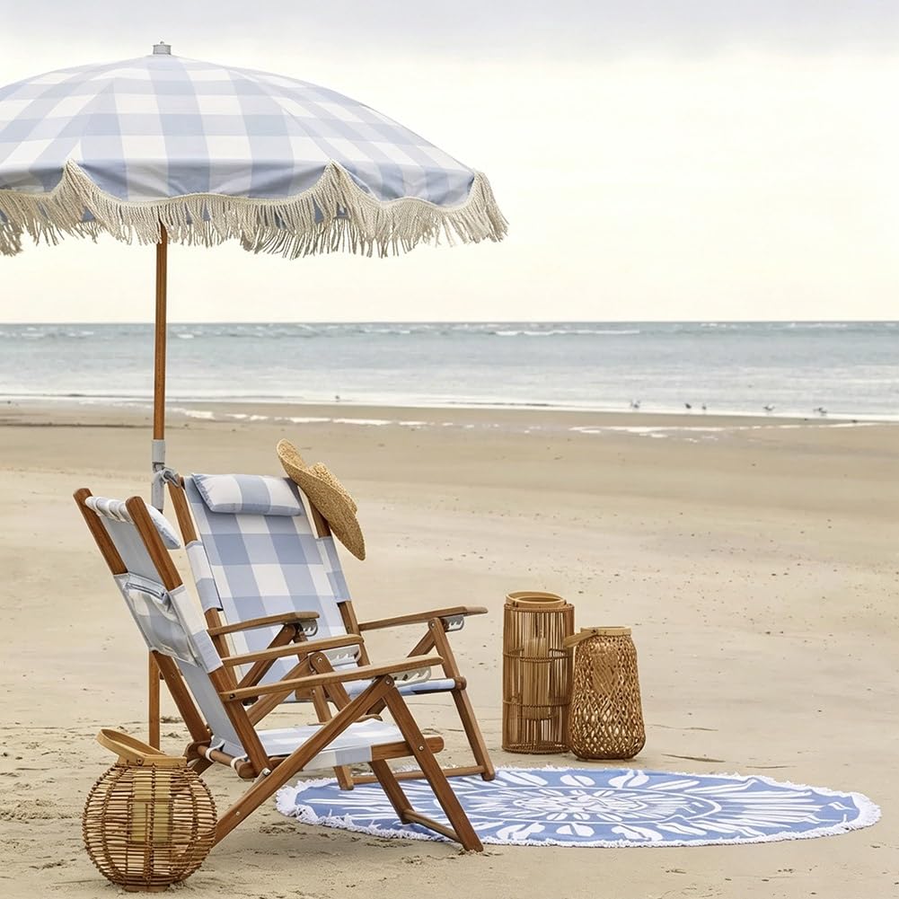 200 cm Parasol Plażowy Boho z Frędzlami, Parasol Przeciwsłoneczny z Pochylanym Drewnianym Drążkiem do Ogrodu, na Podwórko, na Basen