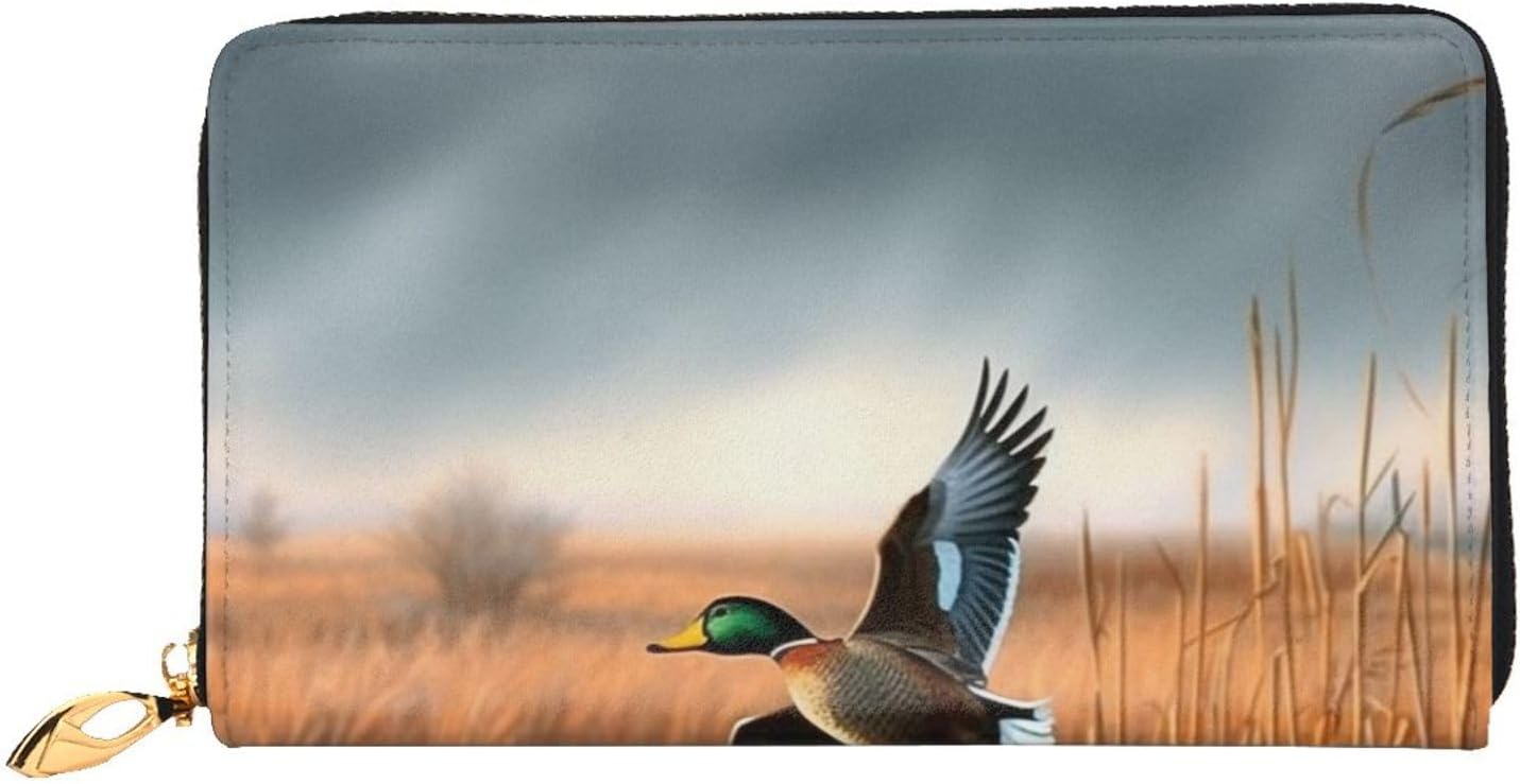 Leather Long Hand-Held Hunting Flying Wild Duck Wallet, Men'S And Women'S Wallets, With Hidden Compartments, Passbook Slot, Id Slot.