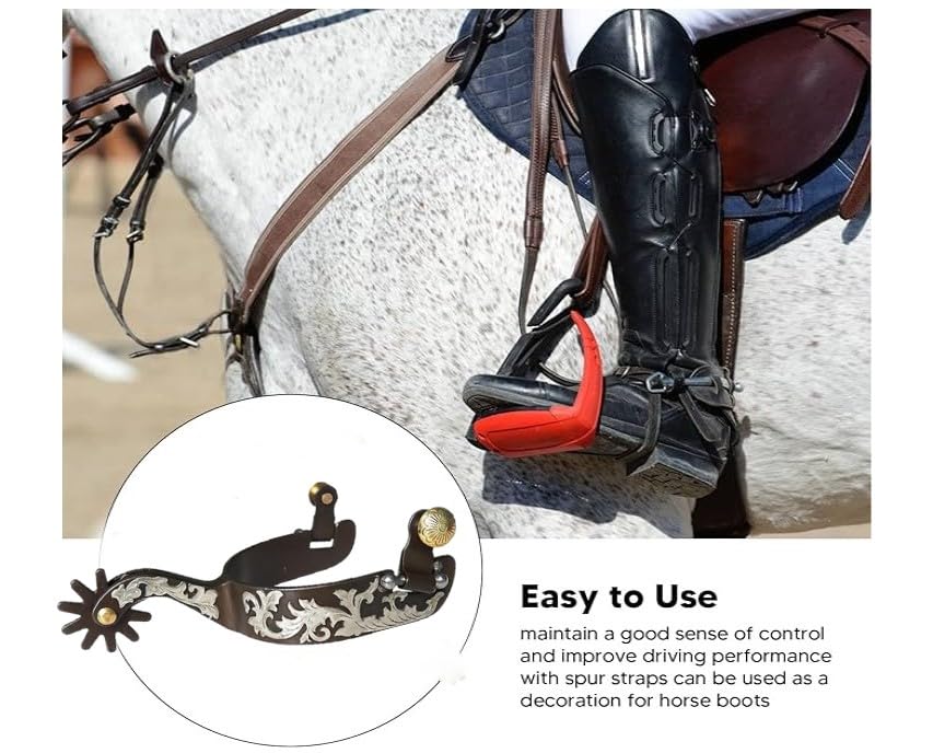 Western Cowboy Spurs,Paired with Cowhide Holes Spurs Belt, Vintage Carved Spurs, Retro Bronze Low Carbon Steel Horse Spurs with Turnable Gear, for Riding Competition Spurss-MP1229-08 - Image 6