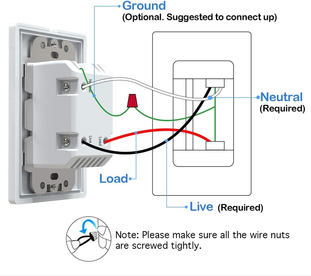 Wiring diagram for MoKo Smart Switch showing connections for Ground, Neutral, Load, and Live wires.