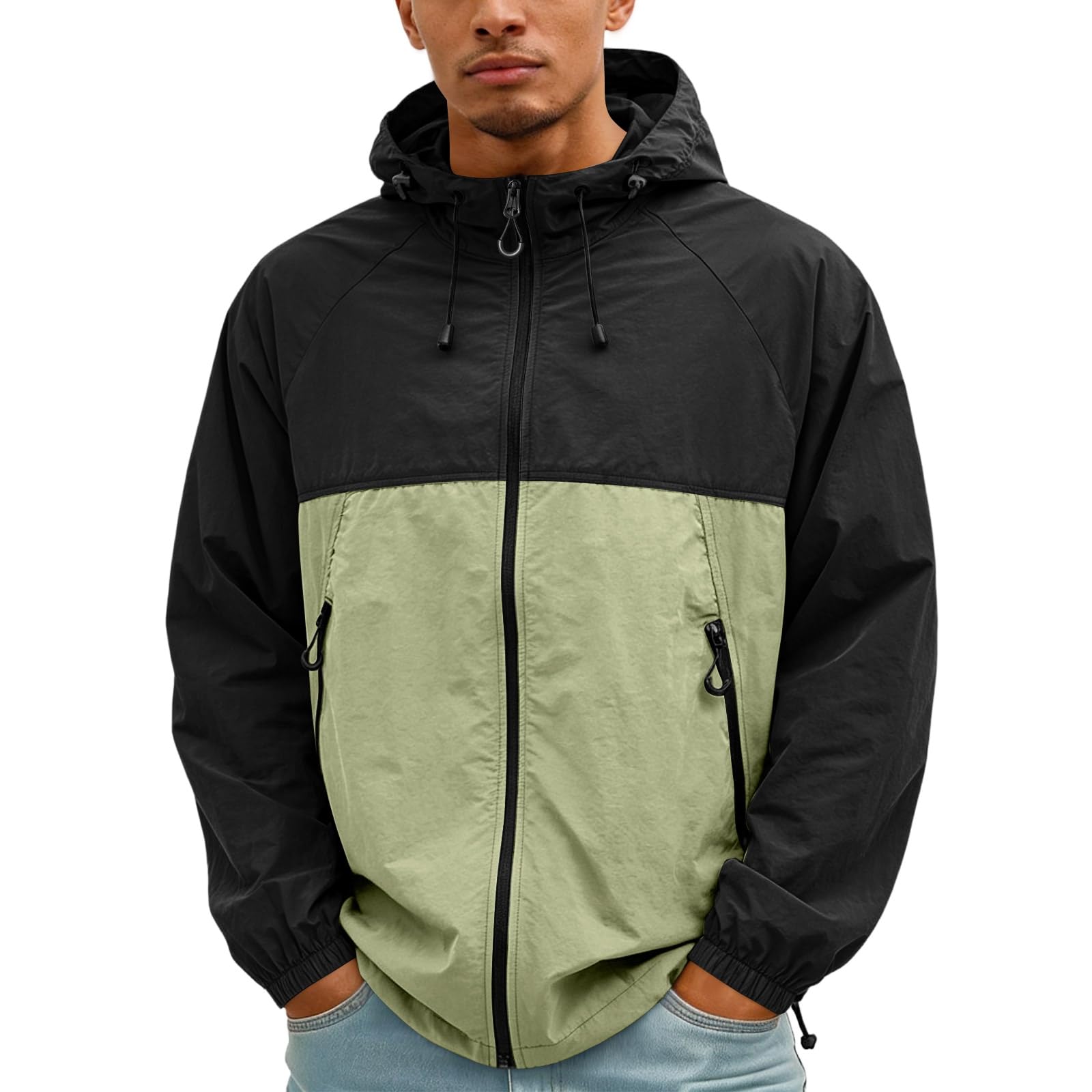 Men's Uv Protection Quick Dry Windbreaker Breathable Drawstring Hooded Zip Up Outerwear Zipper Pockets Adjustable Cuffs Classic Fit Casual Solid Color Coat Camping Summer Green Xxl
