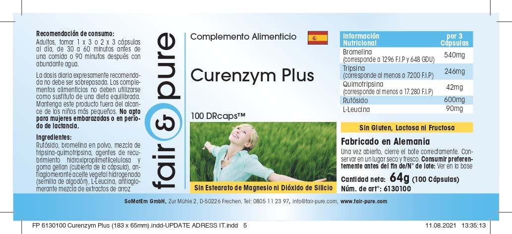 Fair & Pure® - Curenzym Plus 100 con bromelina, tripsina, quimotripsina y rutósido - Enzimas digestivas - 100 Cápsulas
