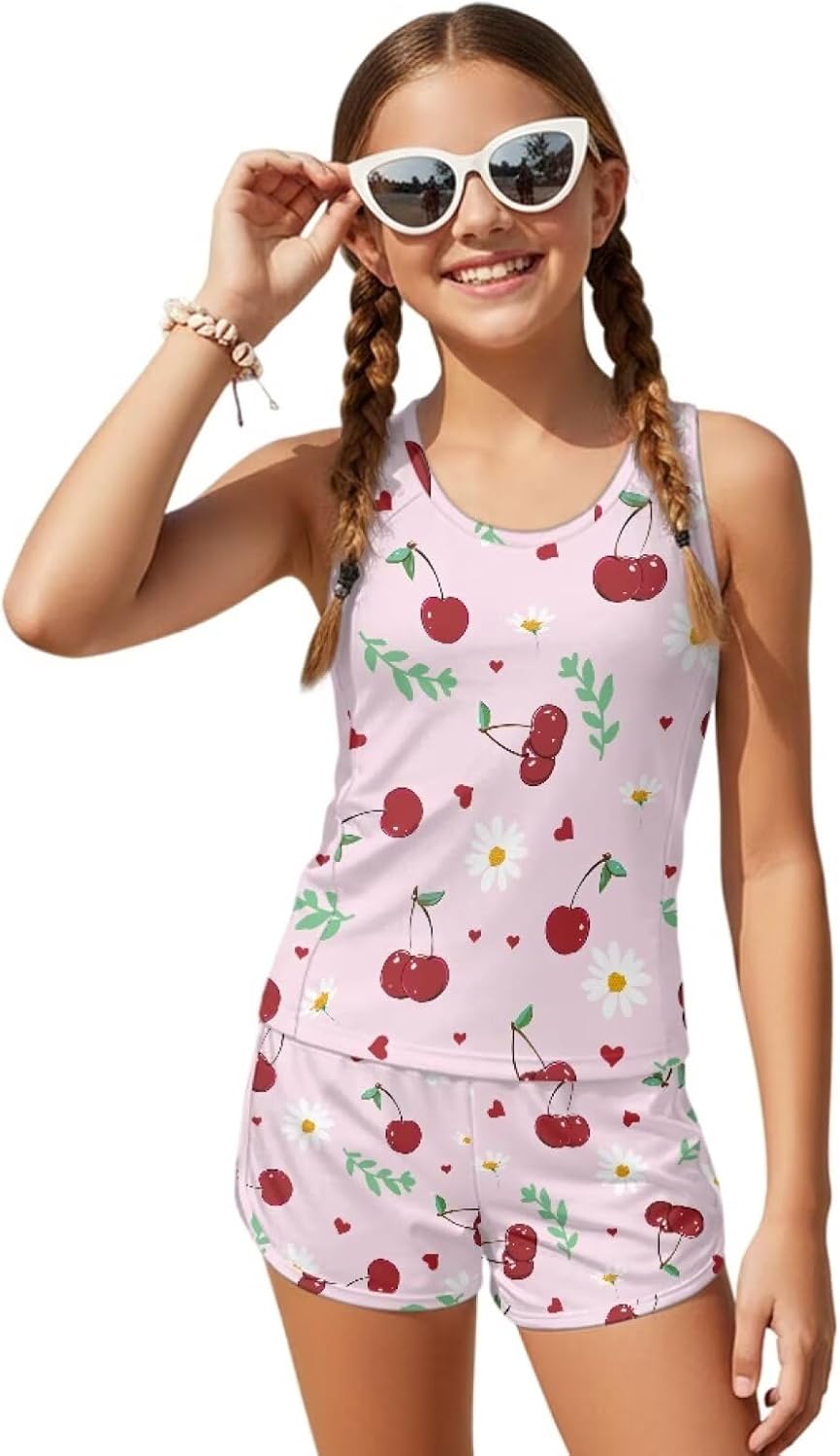 Girls Tankini Swimsuits Swim Tank Tops Boyshorts Sleeveless Swimwear 2 Piece Girls Bathing Suits for Summer Beach