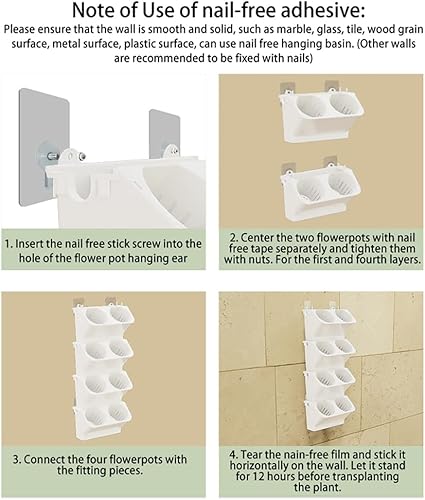 Miniatura 6 de Maceta apilable para colgar en la pared, paquete de 4 macetas colgantes de pared con orificios de drenaje, maceta de plástico montada en la pared