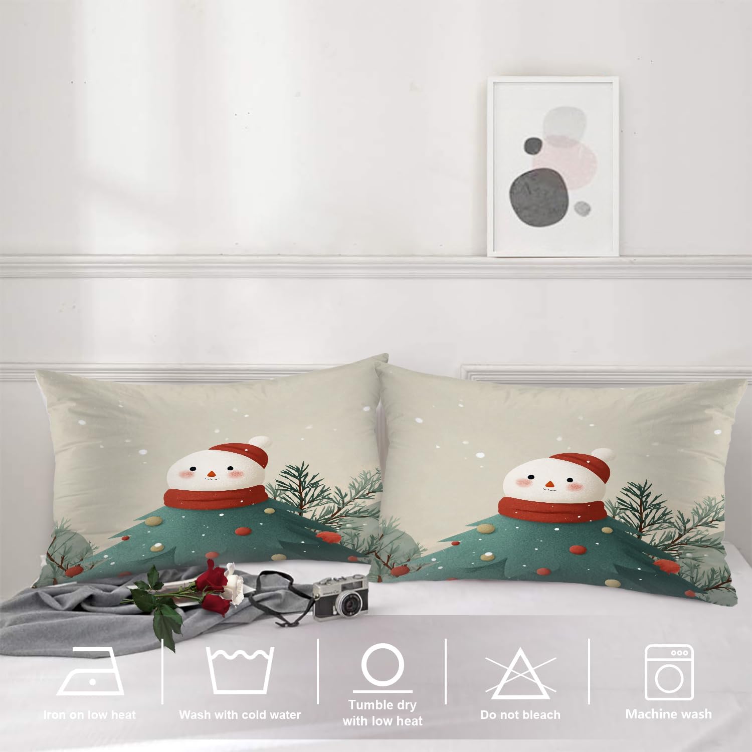Shrahala Snowman Christmas Tree Pillowcases, Snowman On Tree Snow Falling White Green Lumbar Pillow Cover Blended Double-Sided No Inserts for Bedroom Sofa Living Room Set of 2 (26 x 20 in)