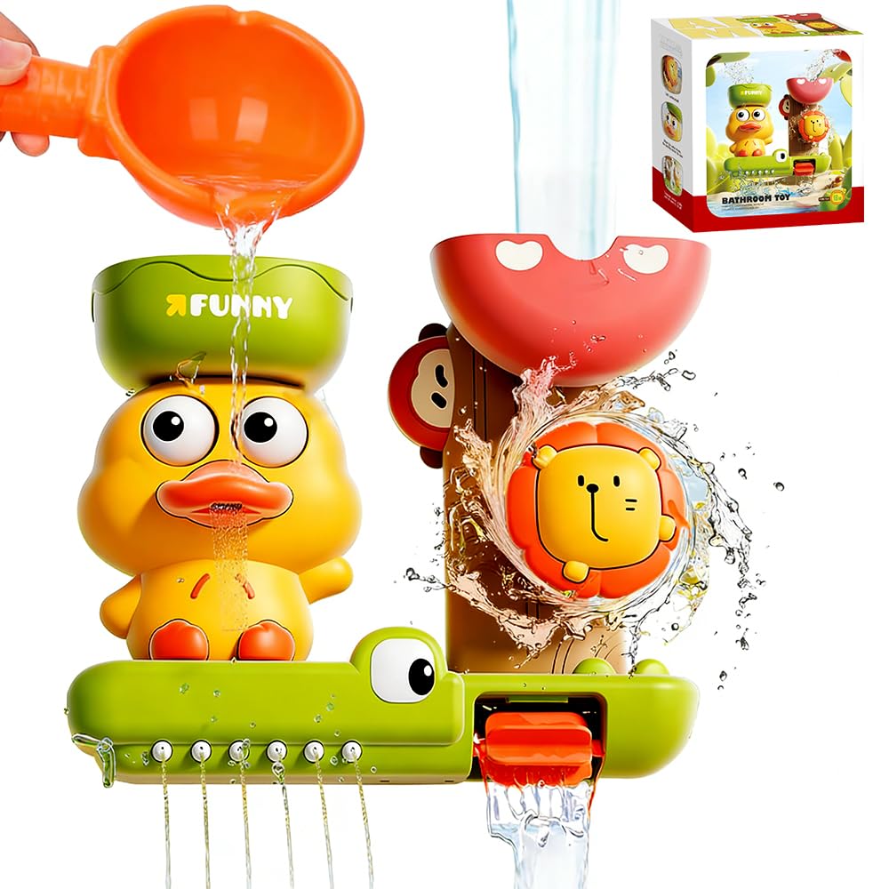 HATFRYF Kids Bath Toys, Baby Bath Toys with Suction Cup, Water Wheel Bath Toy Duck and Lion with Suction Cup, Baby Shower Sensory Toys for Girls & Boys 2 3 4 5 Years Old