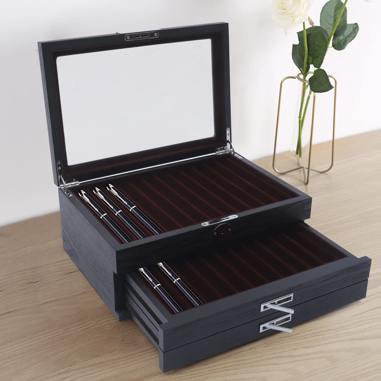 Stifthalterbox aus Holz 34 Slots Stiftebox Stifte Sammelbox mit Vitrine 3 Schichten Füllfederhalter Organizer Box Schwarz
