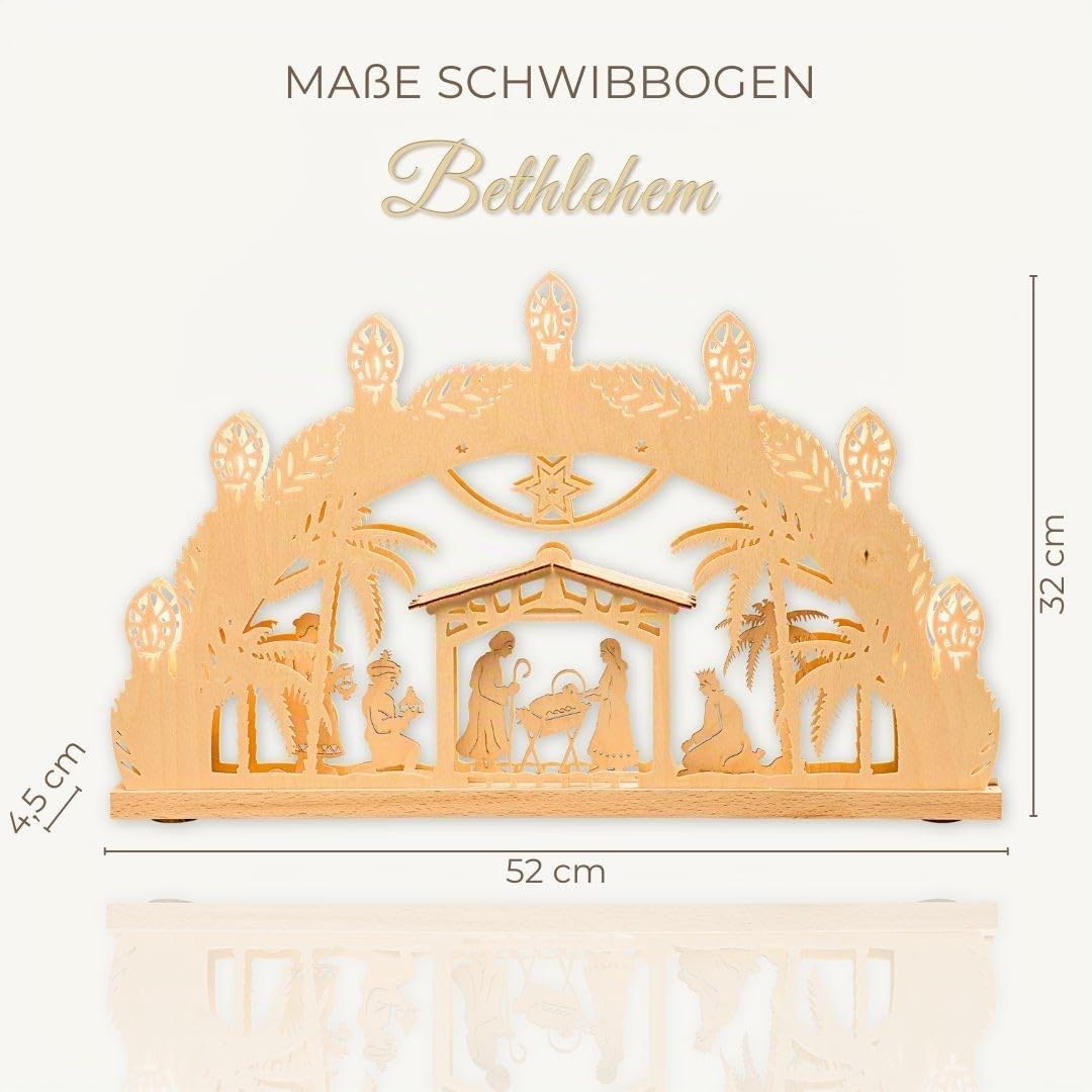 weigla - Schwibbogen original Erzgebirge I Lichterbogen Weihnachten I Motiv Betlehem I 7 Lampenkerzen + 1 Ersatzlampe I 7 x 34 V, 3 W, E10 I beleuchtete Weihnachtsdeko innen