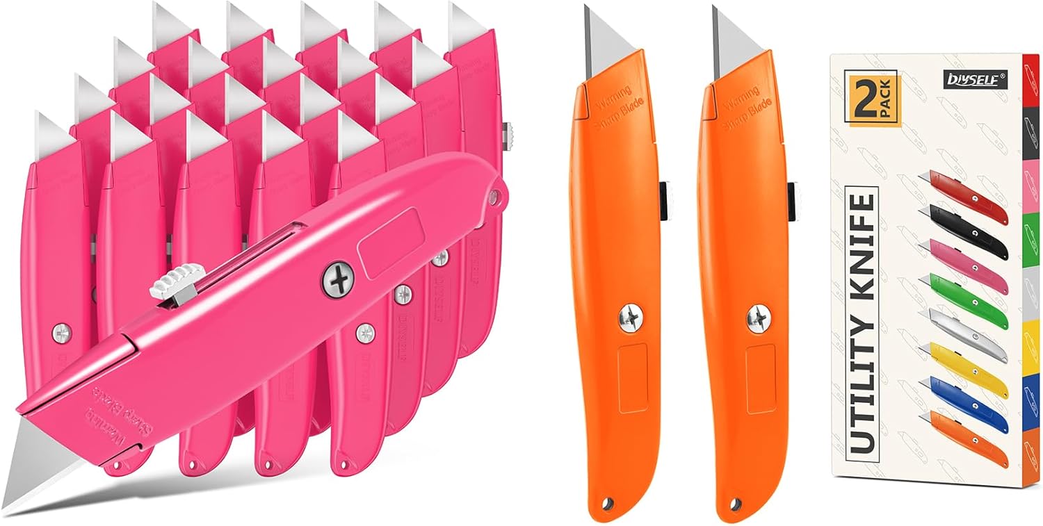 DIYSELF Utility Knives, 30 Pack Box Cutters for Women, Portable Box Opener, Adjustable Length, SK5 Sharp Blade, Easy to Use, Box Cutter Retractable, Utility Knife for Paper, Rope, and Leather (Pink)