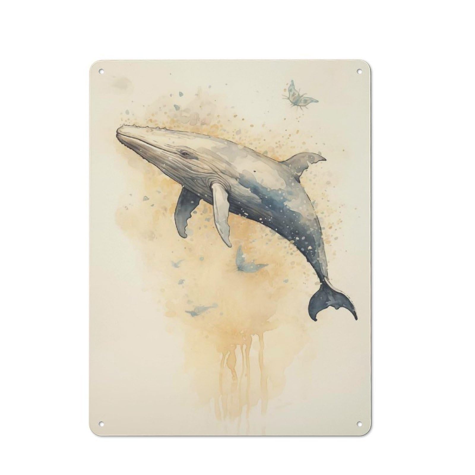 Junmoney Watercolor Whale Big Fish For Studio Or Craft Room, Retro-Style Tin Sign 40X30cm, For Metal Sign Collectors, For Garage And Workshop Walls