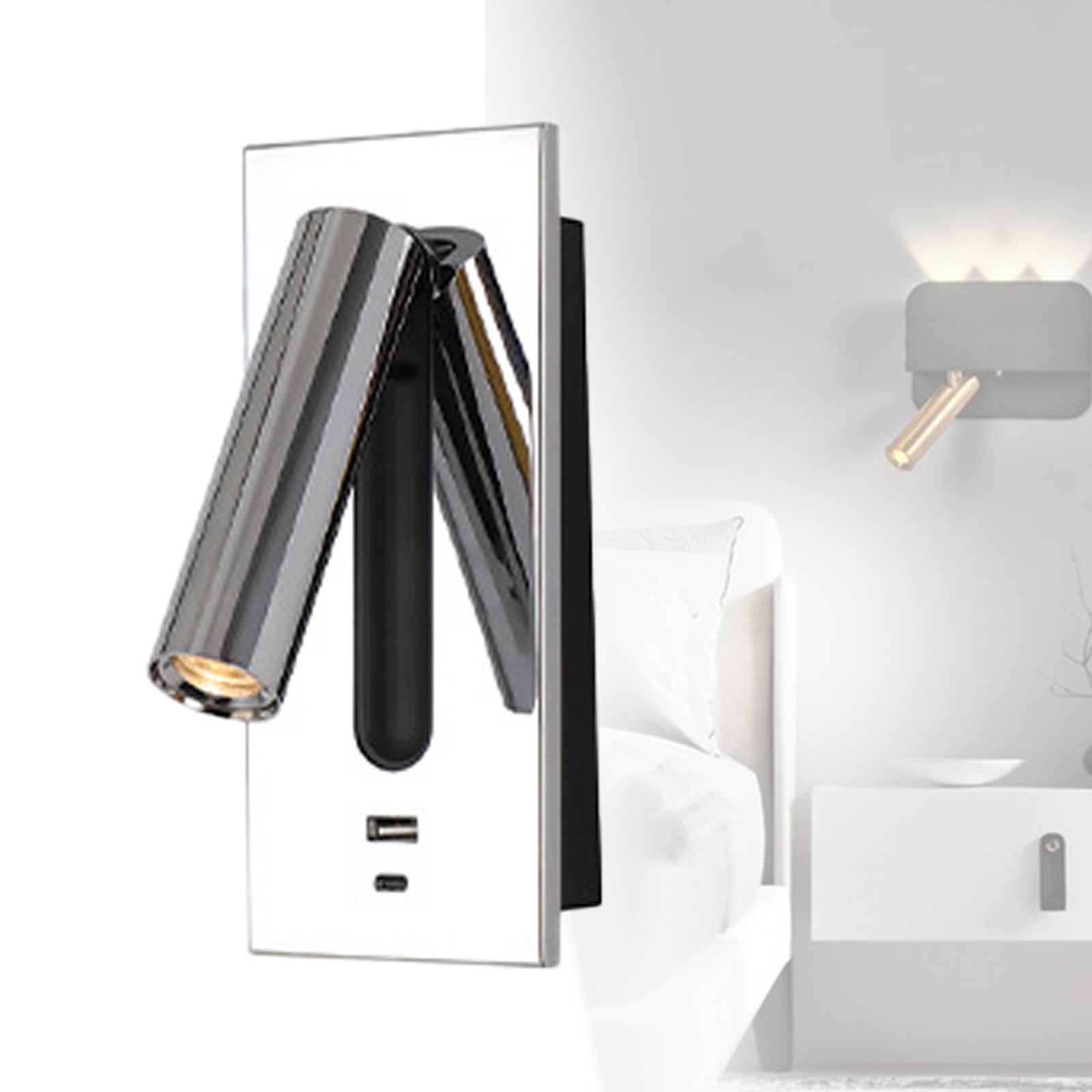 Aplique De Pared De Cama Moderno Integrado Ajustable Con Puerto Usb De 5v 2.1a, Luz De Lectura Led Montada En La Pared LáMpara De Lectura De Cabecera Blanca CáLida 3000k,Chrome-USB+type-c
